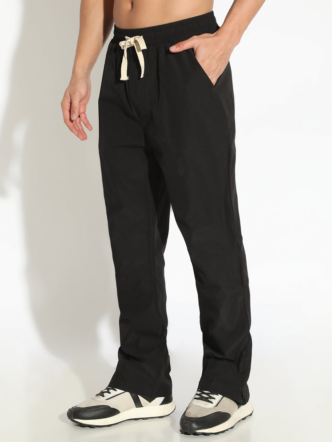 Men's Black Straight Fit Low Rise Trousers with Zipper Details