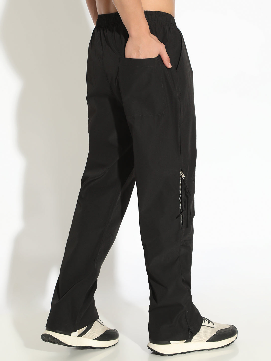 Men's Black Straight Fit Low Rise Trousers with Zipper Details