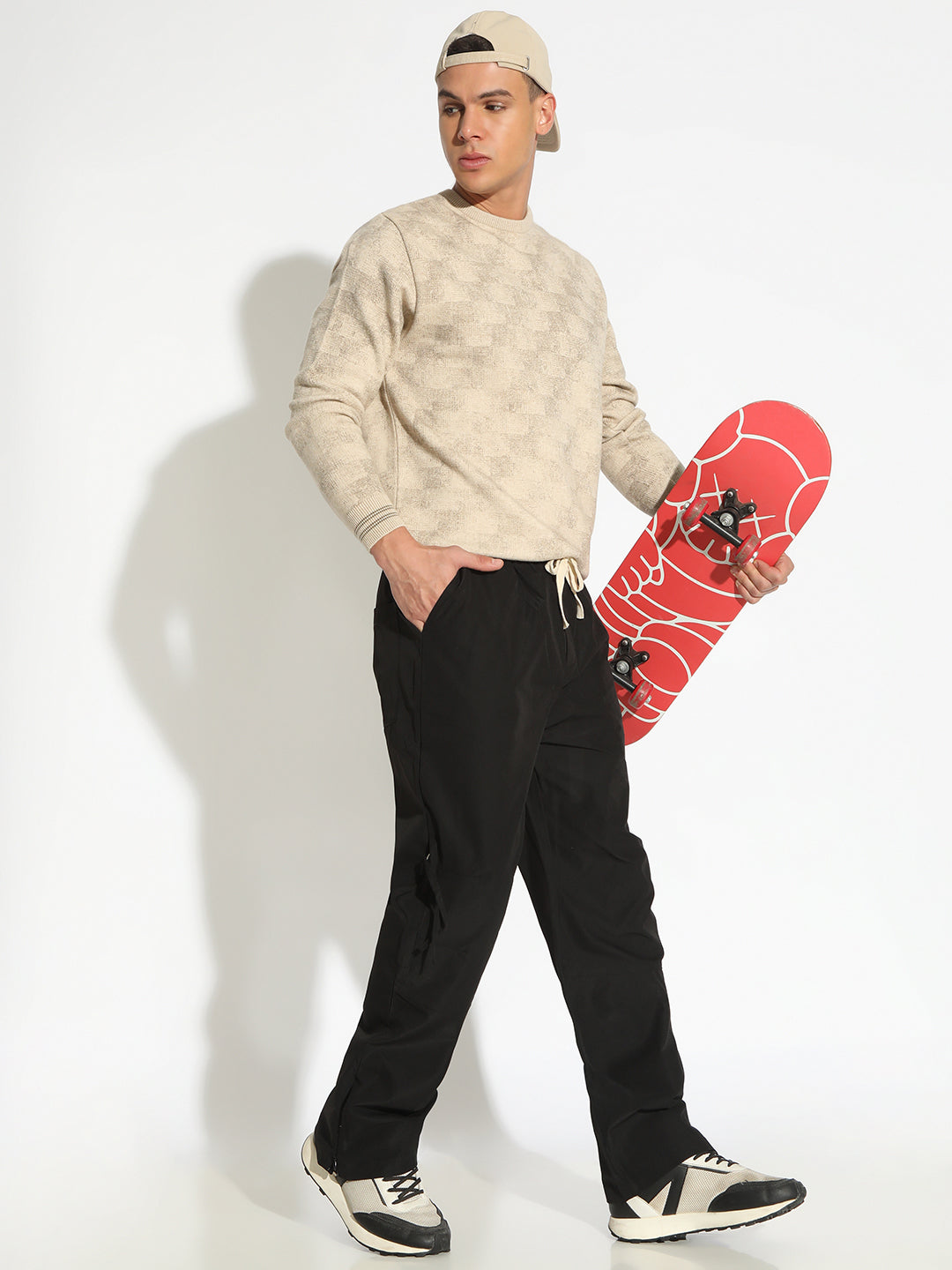 Men's Black Straight Fit Low Rise Trousers with Zipper Details