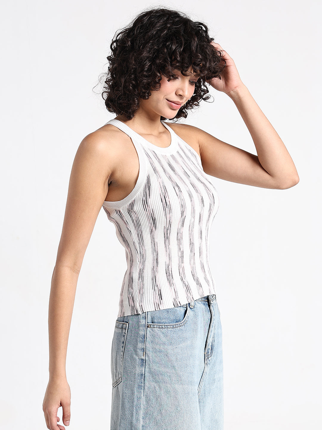 Women's Striped Ribbed Knit Halter Tank Top