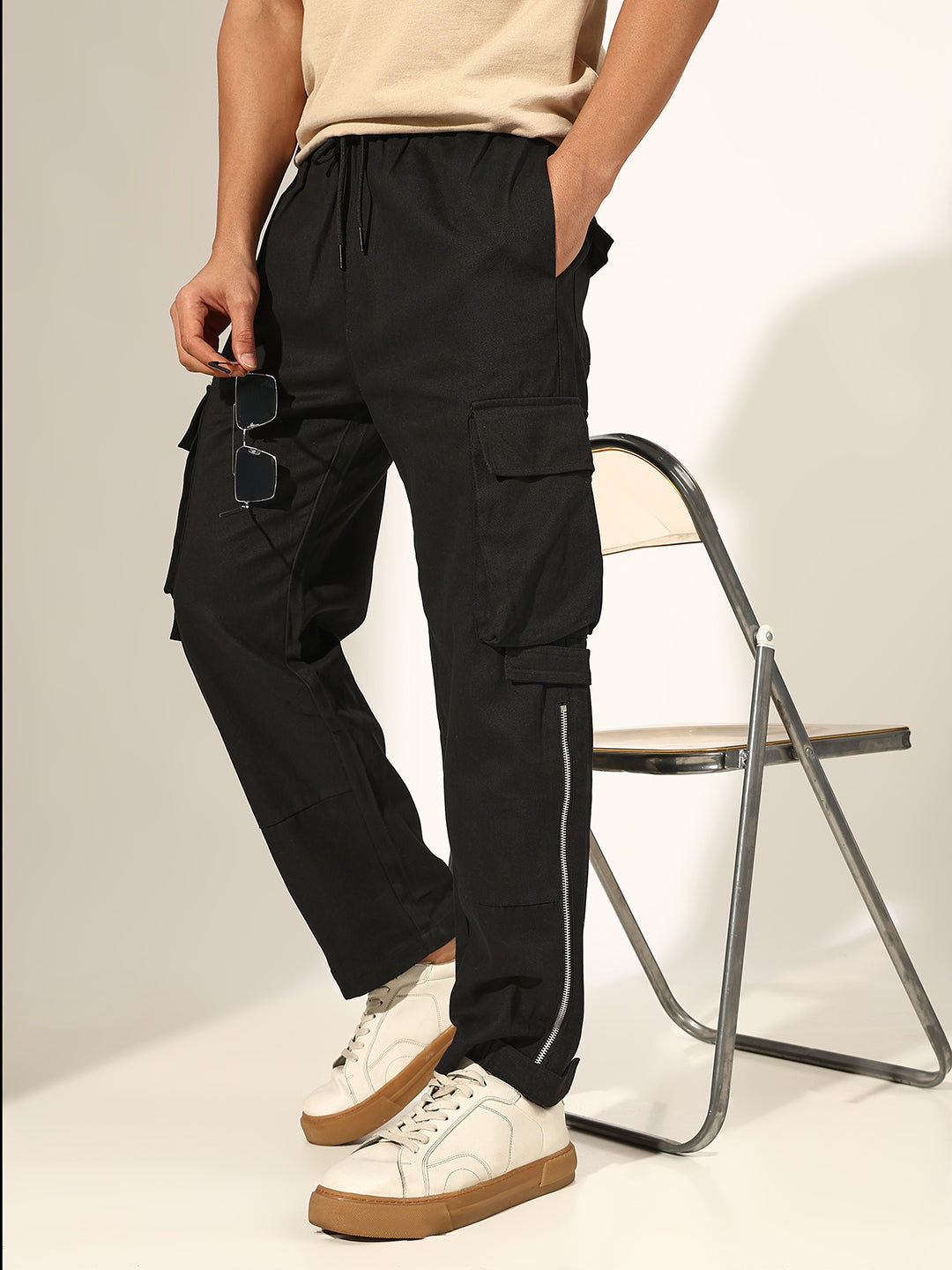 Men's Black Relaxed Fit Cargo Trouser with Side Zipper Detail