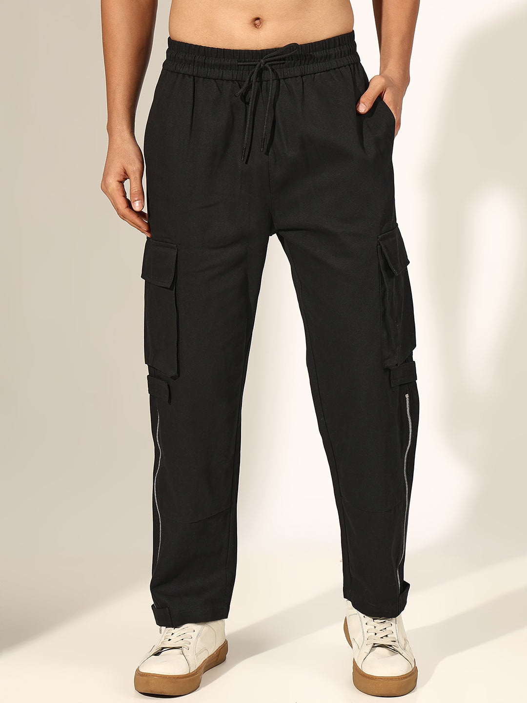 Men's Black Relaxed Fit Cargo Trouser with Side Zipper Detail