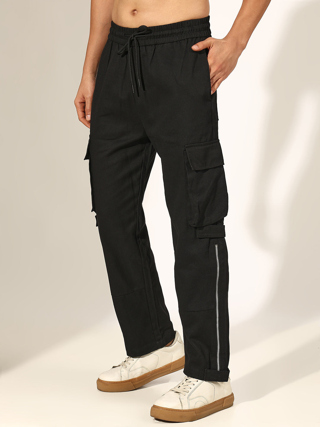 Men's Black Relaxed Fit Cargo Trouser with Side Zipper Detail