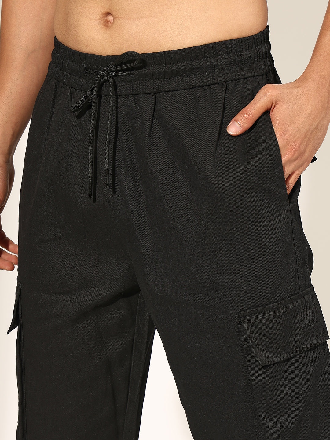 Men's Black Relaxed Fit Cargo Trouser with Side Zipper Detail