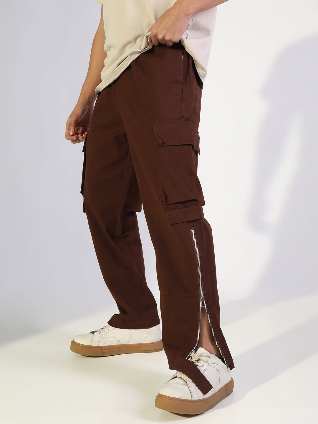 Men's Brown Relaxed Fit Cargo Joggers with Side Zipper and Elasticated Drawstring Waist