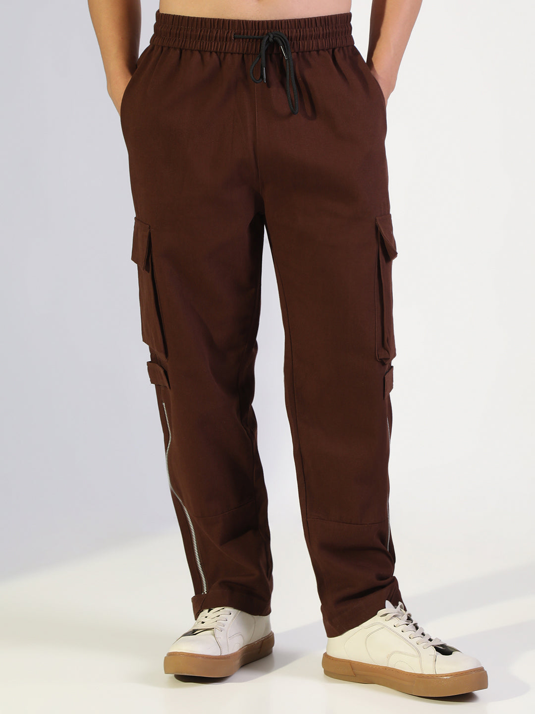 Men's Brown Relaxed Fit Cargo Joggers with Side Zipper and Elasticated Drawstring Waist