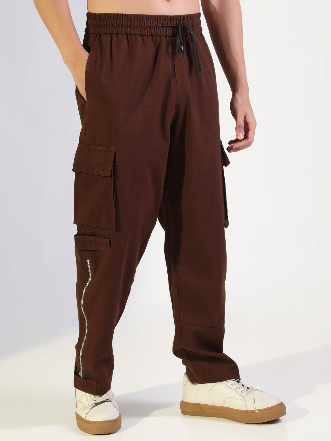 Men's Brown Relaxed Fit Cargo Joggers with Side Zipper and Elasticated Drawstring Waist