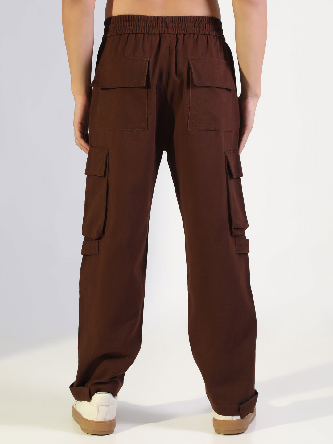 Men's Brown Relaxed Fit Cargo Joggers with Side Zipper and Elasticated Drawstring Waist