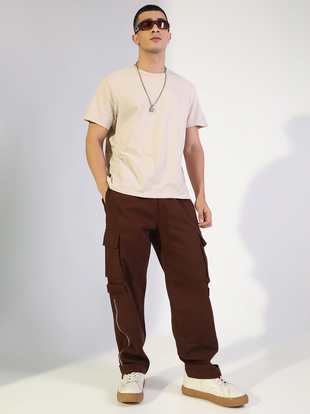 Men's Brown Relaxed Fit Cargo Joggers with Side Zipper and Elasticated Drawstring Waist