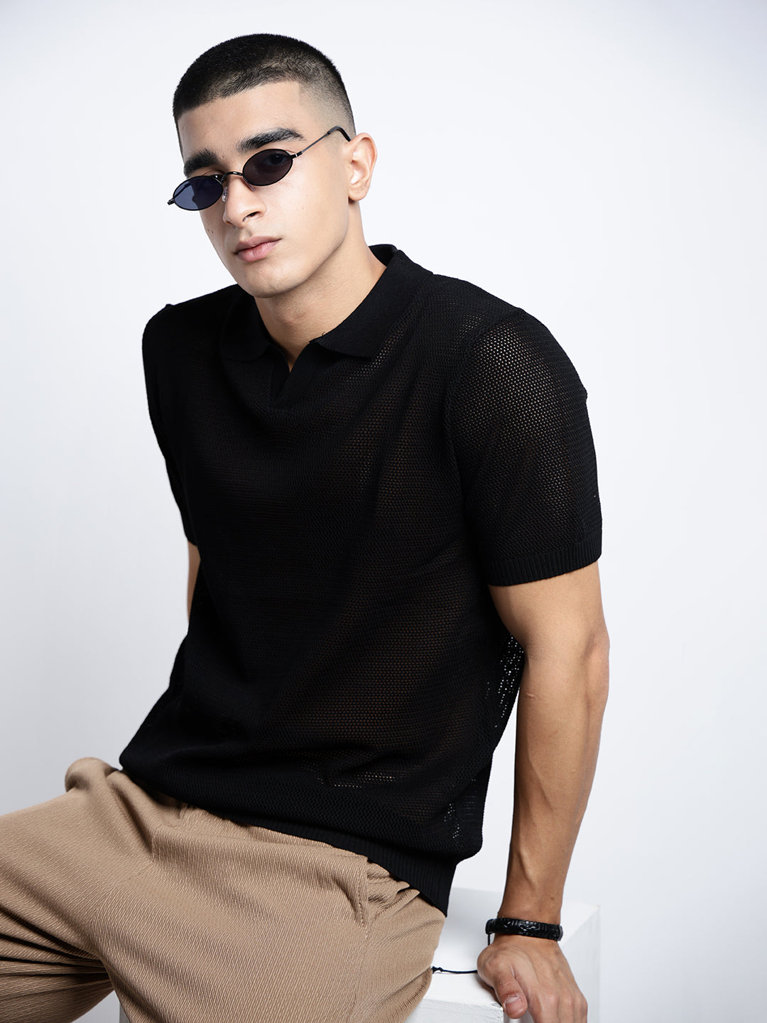 Men's Black Sheer Short Sleeves Polo Collar Regular Fit Mesh T-Shirt