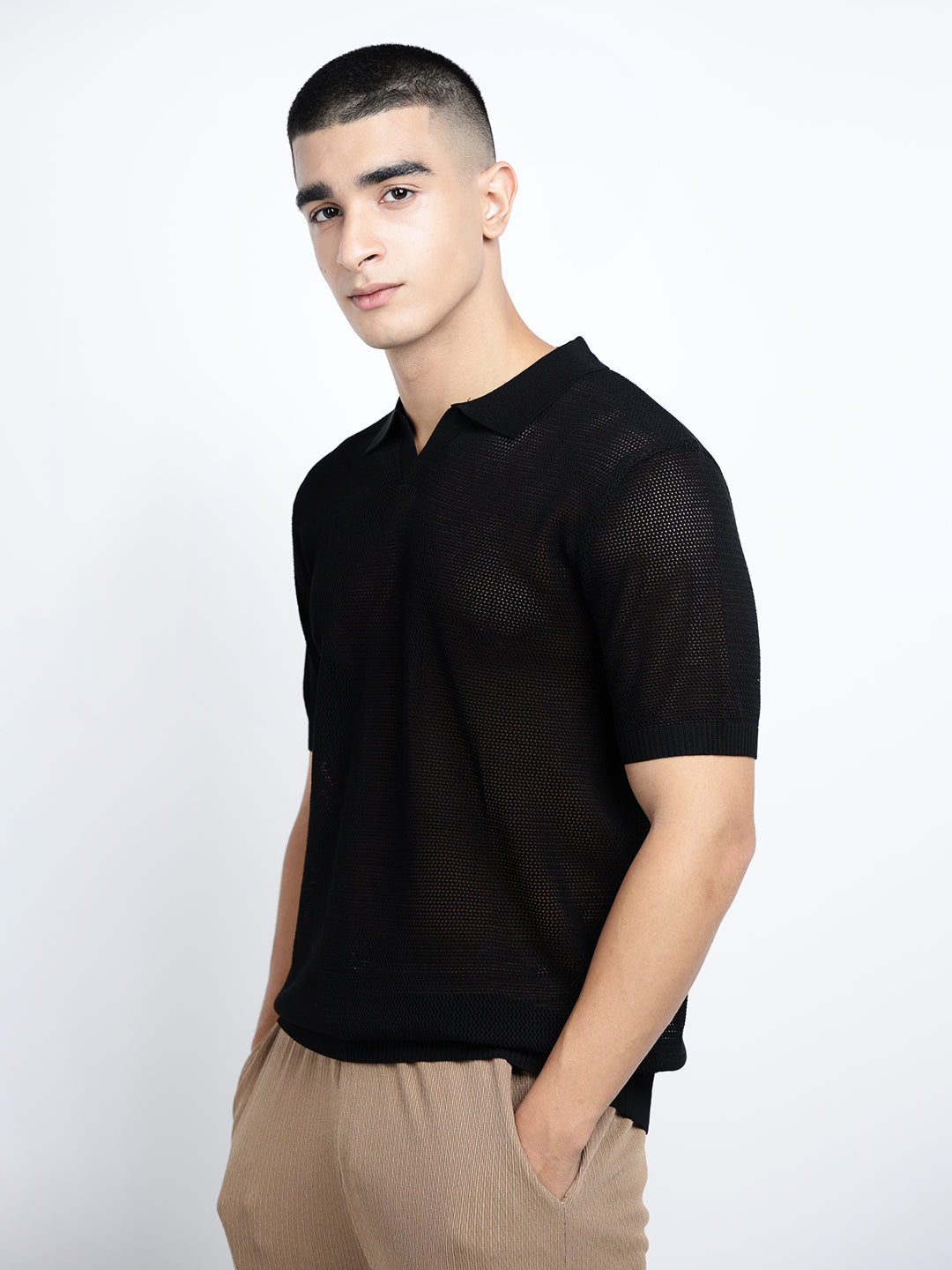 Men's Black Sheer Short Sleeves Polo Collar Regular Fit Mesh T-Shirt