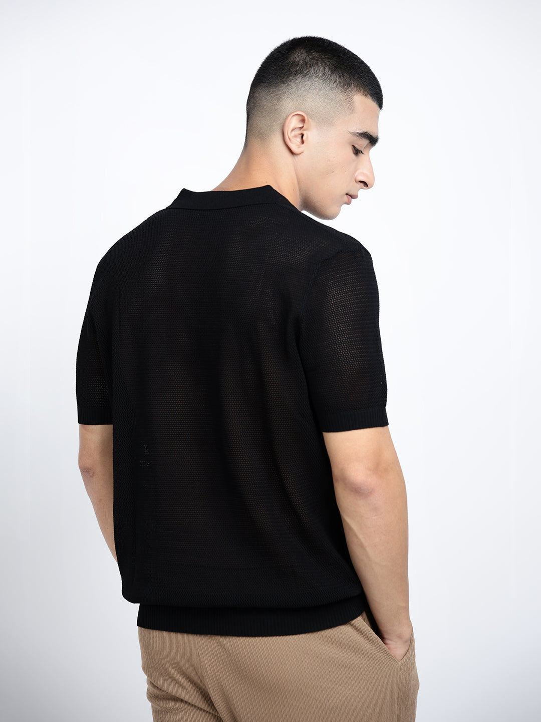 Men's Black Sheer Short Sleeves Polo Collar Regular Fit Mesh T-Shirt