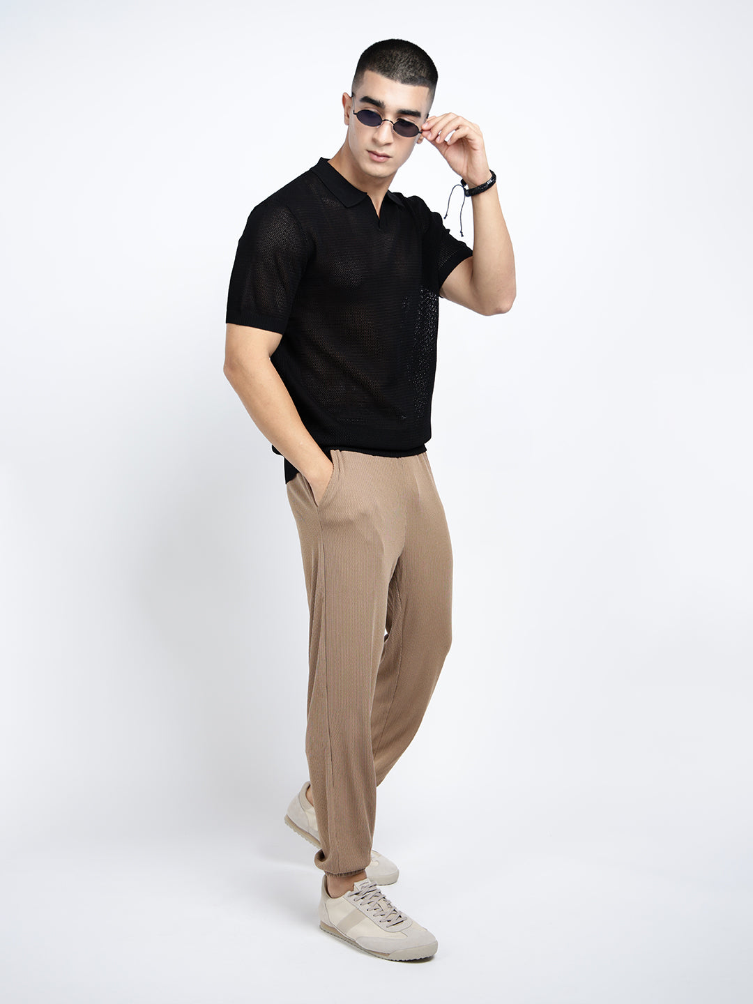 Men's Black Sheer Short Sleeves Polo Collar Regular Fit Mesh T-Shirt