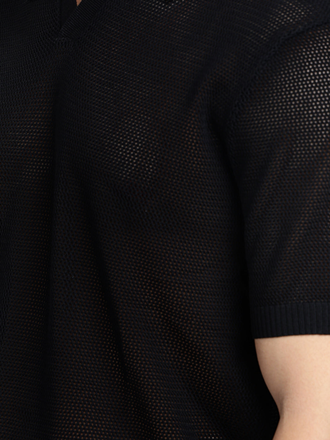 Men's Black Sheer Short Sleeves Polo Collar Regular Fit Mesh T-Shirt