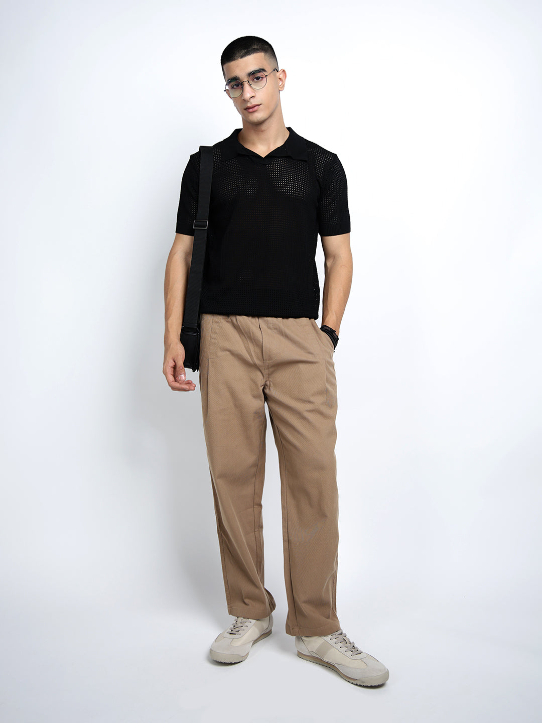 Men's Black Sheer Short Sleeves Polo Collar Regular Fit Mesh T-Shirt