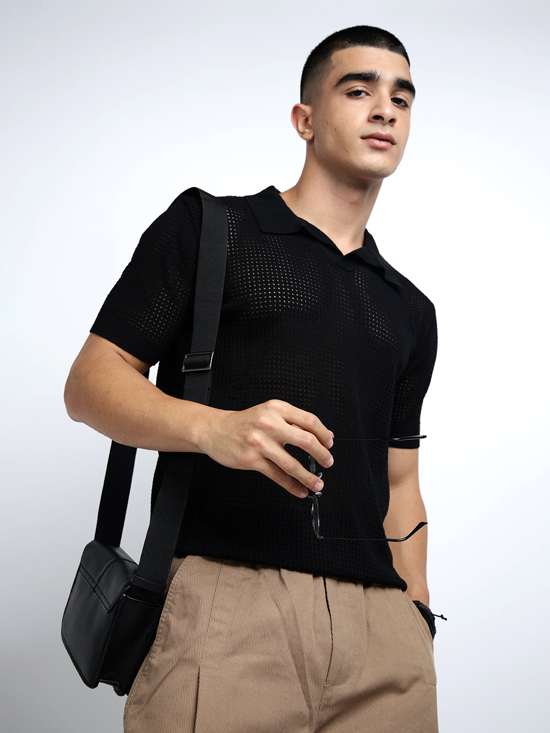 Men's Black Sheer Short Sleeves Polo Collar Regular Fit Mesh T-Shirt