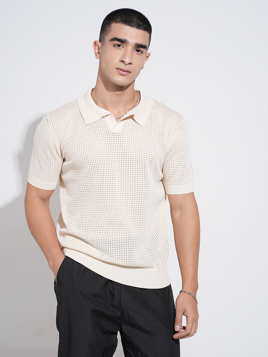 Men's Cream Sheer Short Sleeves Polo Collar Regular Fit Mesh T-Shirt