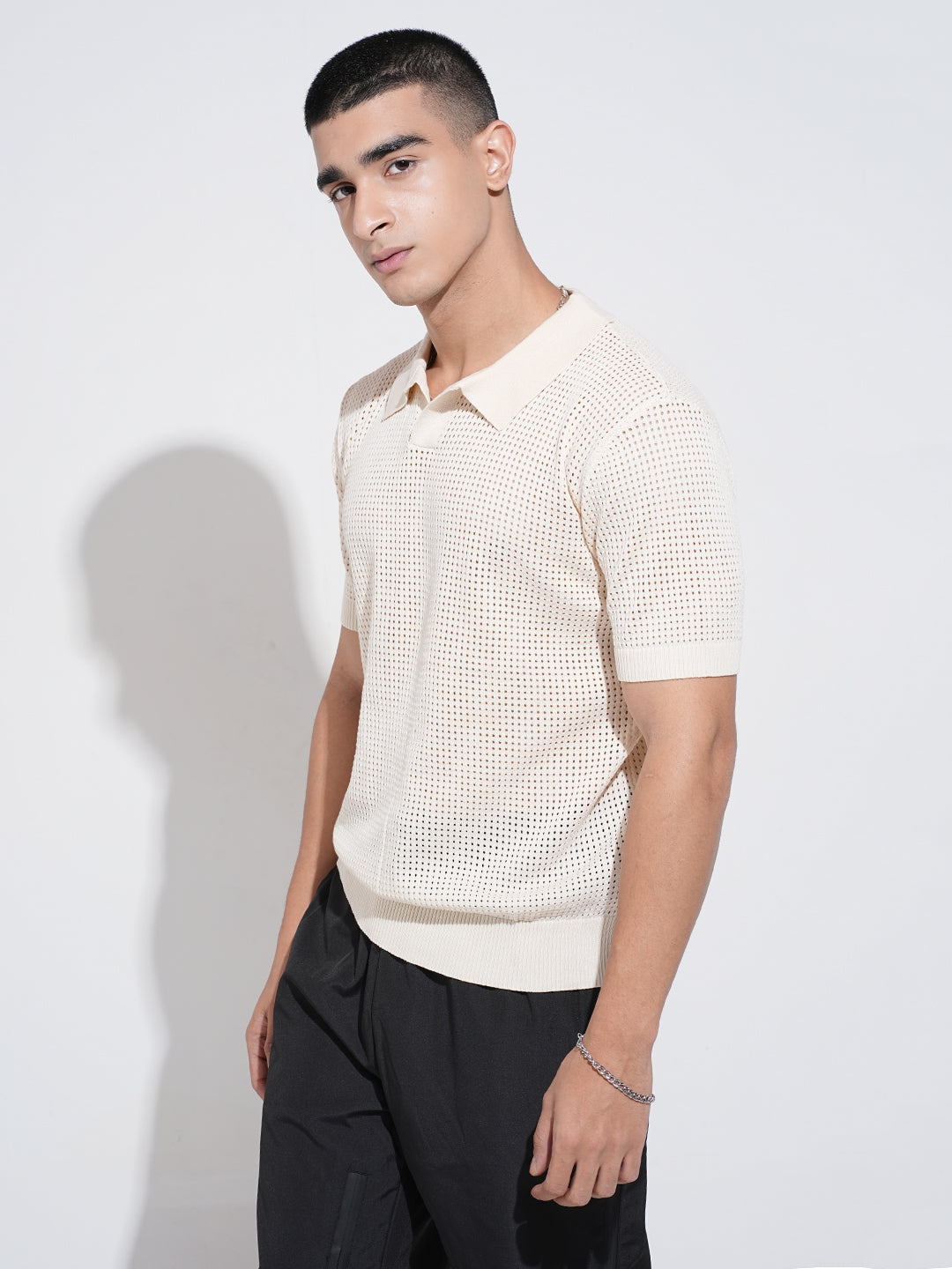 Men's Cream Sheer Short Sleeves Polo Collar Regular Fit Mesh T-Shirt