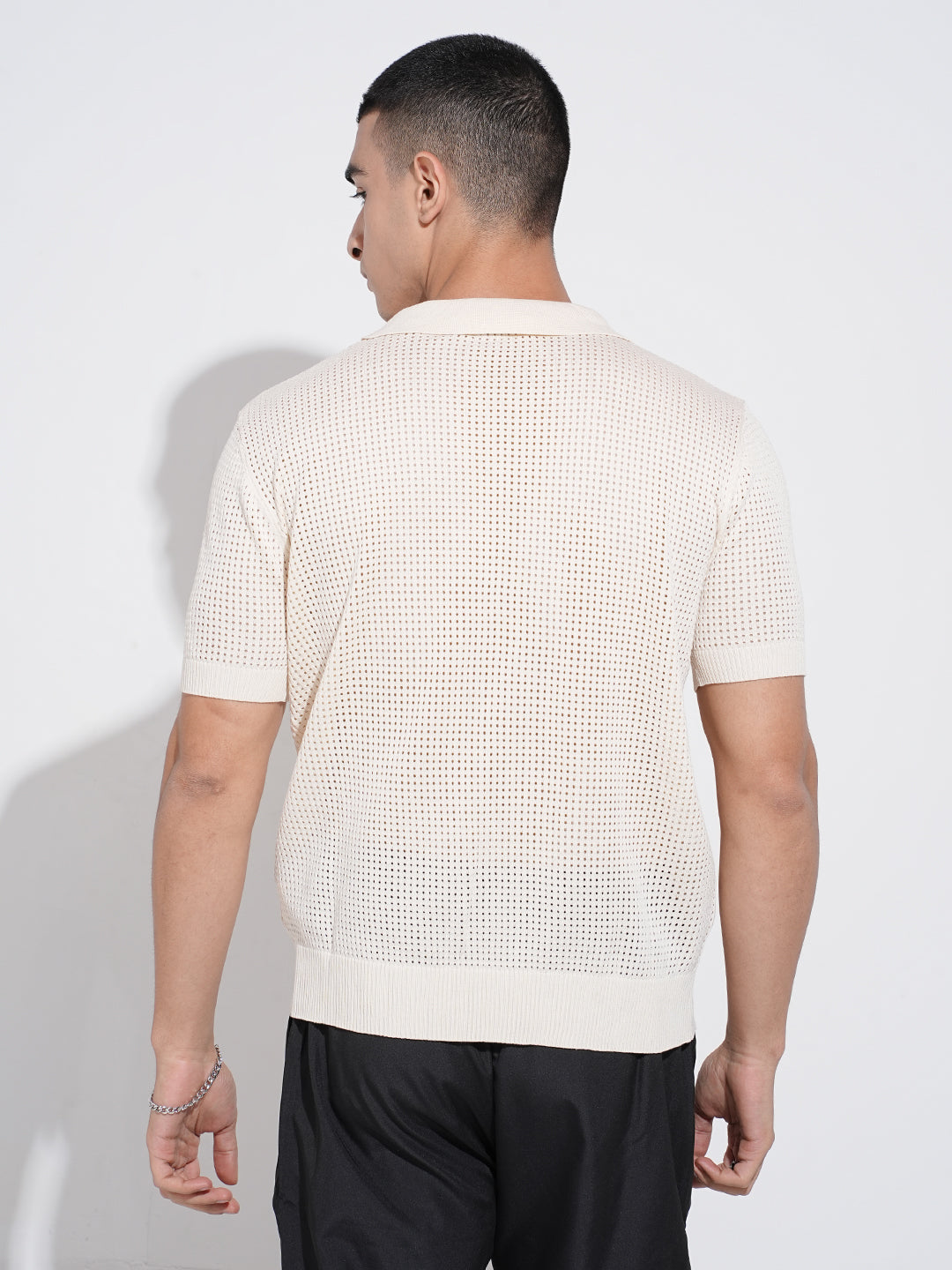 Men's Cream Sheer Short Sleeves Polo Collar Regular Fit Mesh T-Shirt