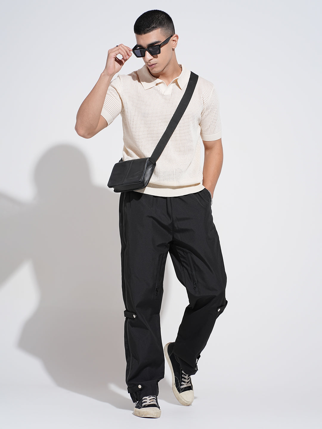 Men's Cream Sheer Short Sleeves Polo Collar Regular Fit Mesh T-Shirt