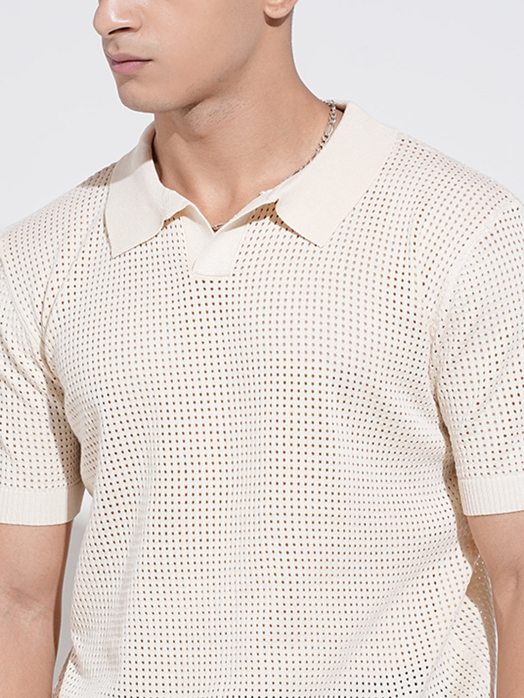 Men's Cream Sheer Short Sleeves Polo Collar Regular Fit Mesh T-Shirt