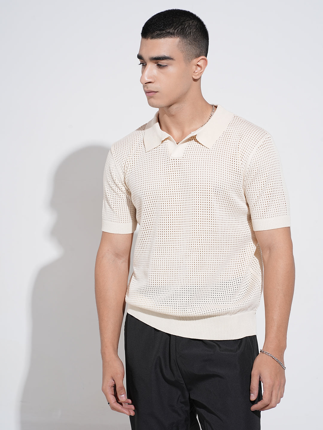 Men's Cream Sheer Short Sleeves Polo Collar Regular Fit Mesh T-Shirt