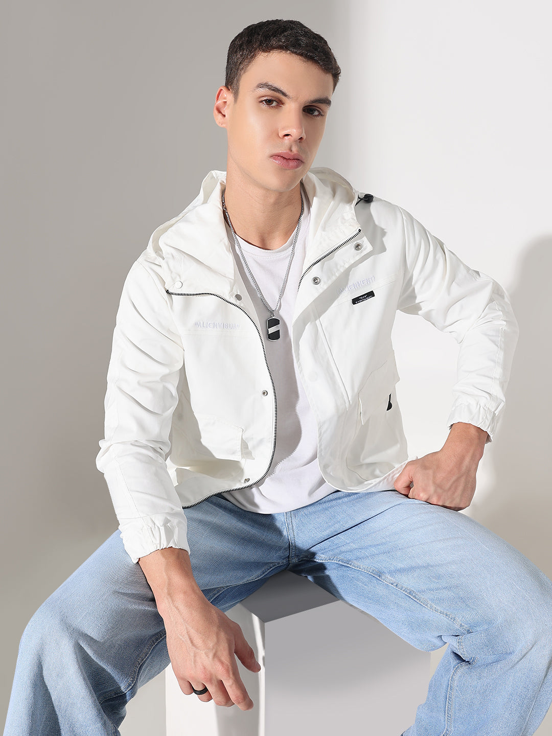Men's White Hooded Tailored Jacket with Utility Pockets