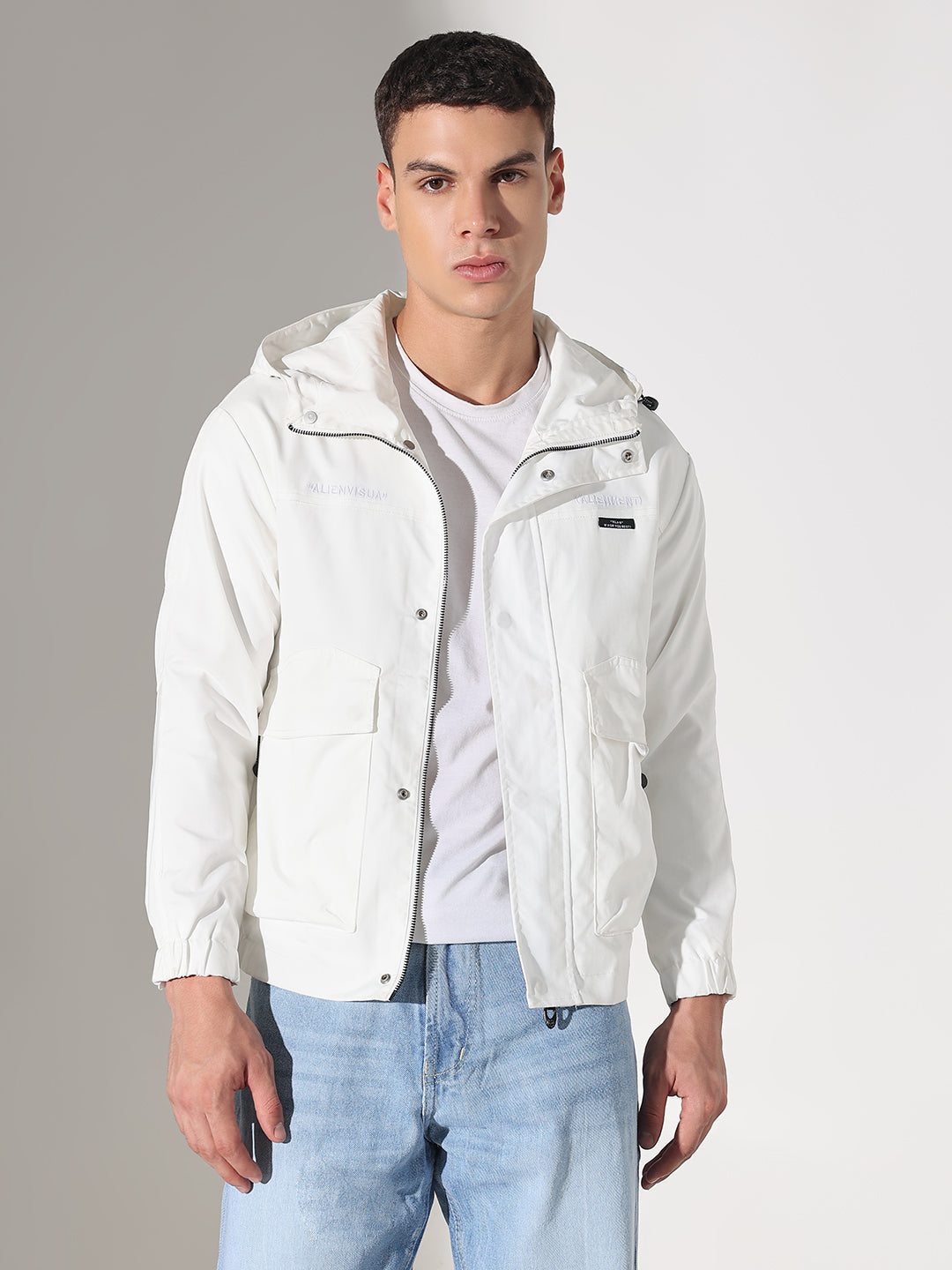Men's White Hooded Tailored Jacket with Utility Pockets