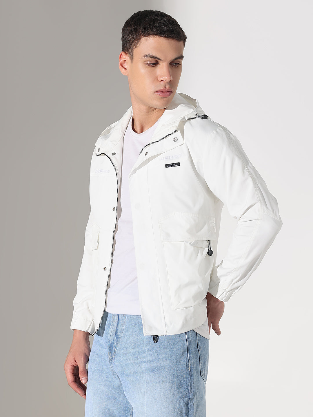 Men's White Hooded Tailored Jacket with Utility Pockets