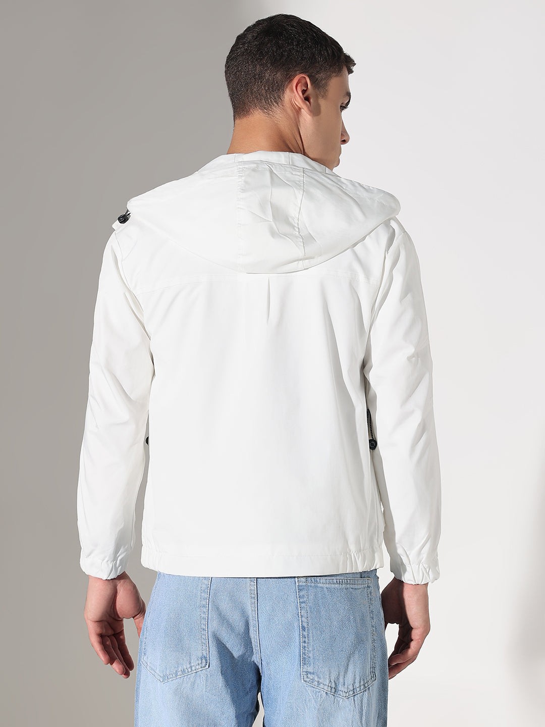 Men's White Hooded Tailored Jacket with Utility Pockets