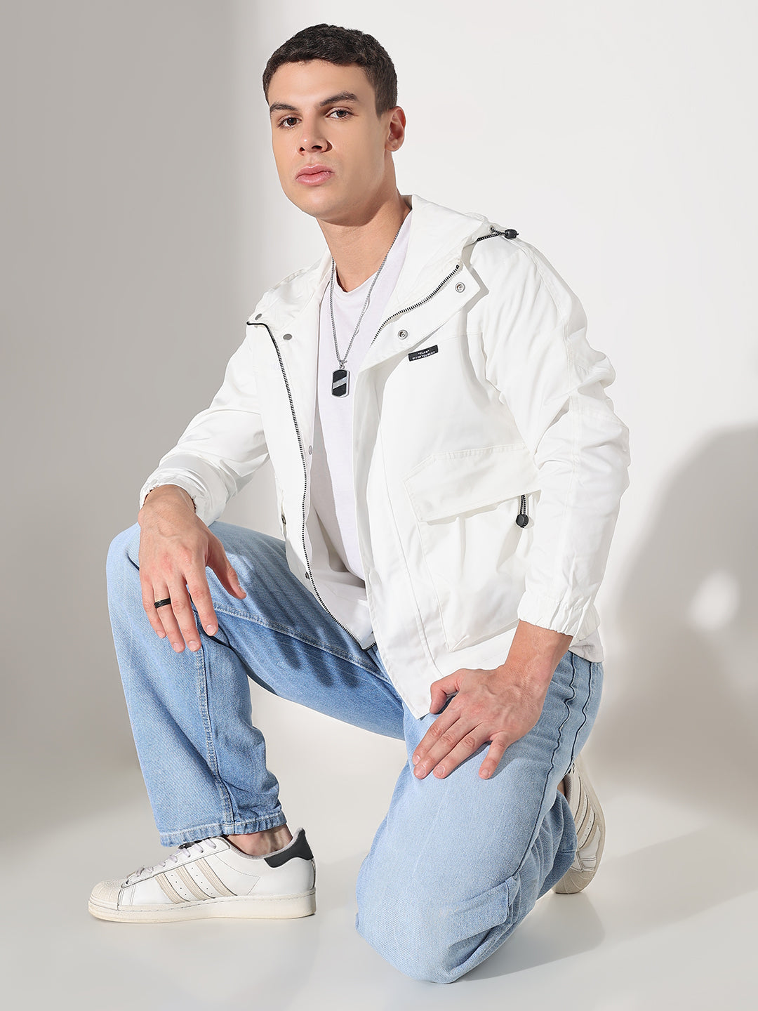 Men's White Hooded Tailored Jacket with Utility Pockets