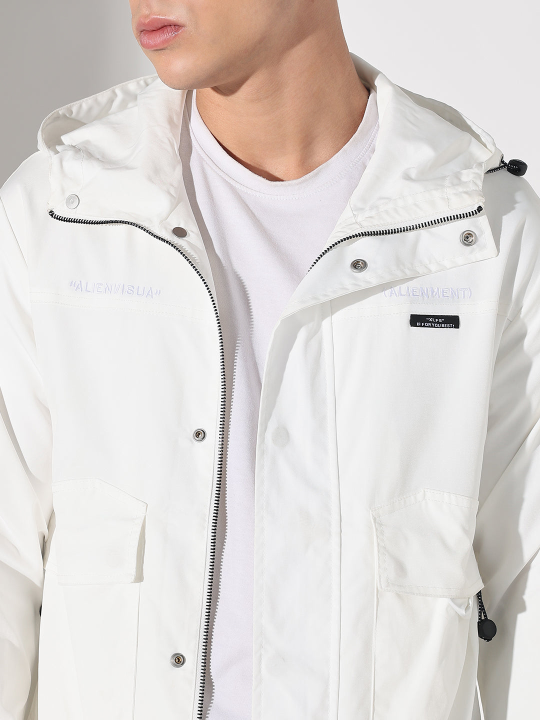 Men's White Hooded Tailored Jacket with Utility Pockets