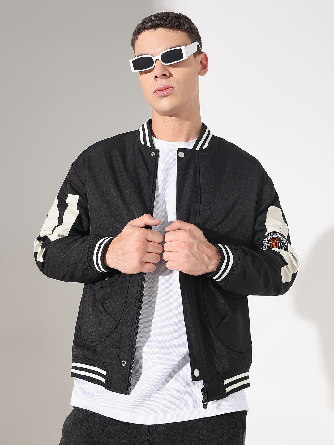 Men's Typography Black Mandarin Collar Varsity Jacket