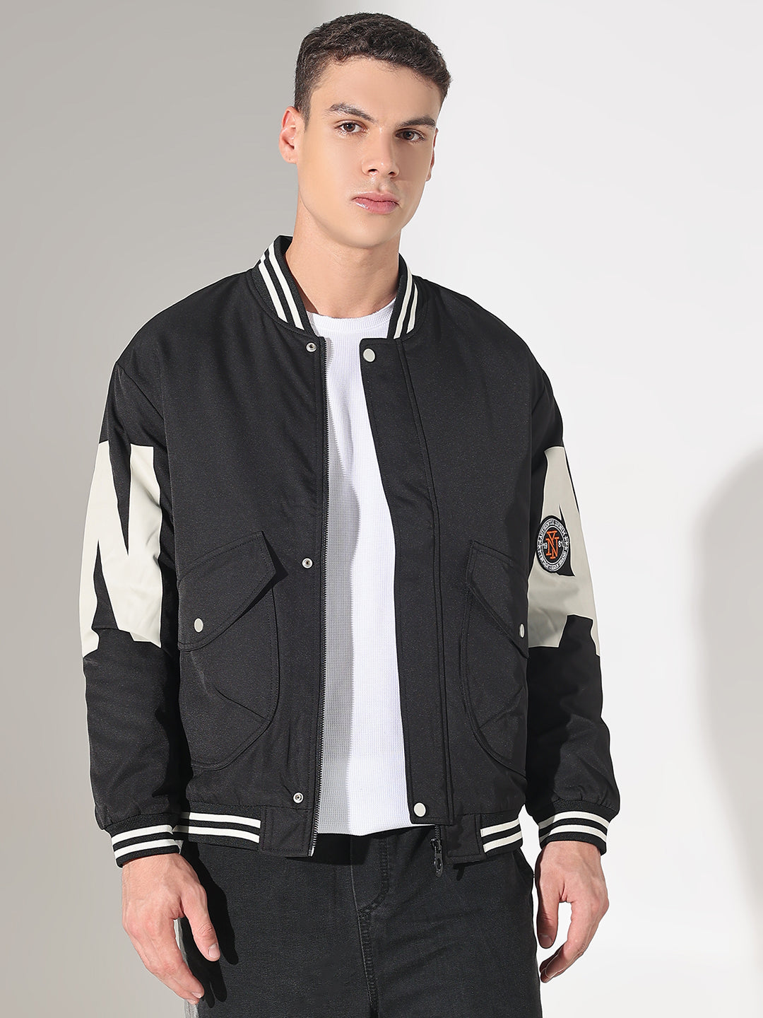 Men's Typography Black Mandarin Collar Varsity Jacket