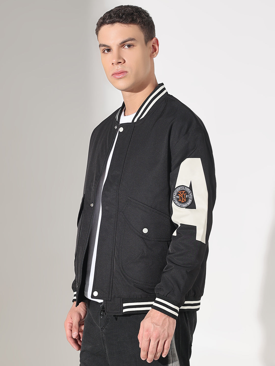 Men's Typography Black Mandarin Collar Varsity Jacket