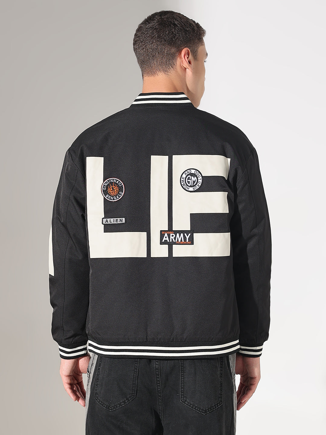 Men's Typography Black Mandarin Collar Varsity Jacket