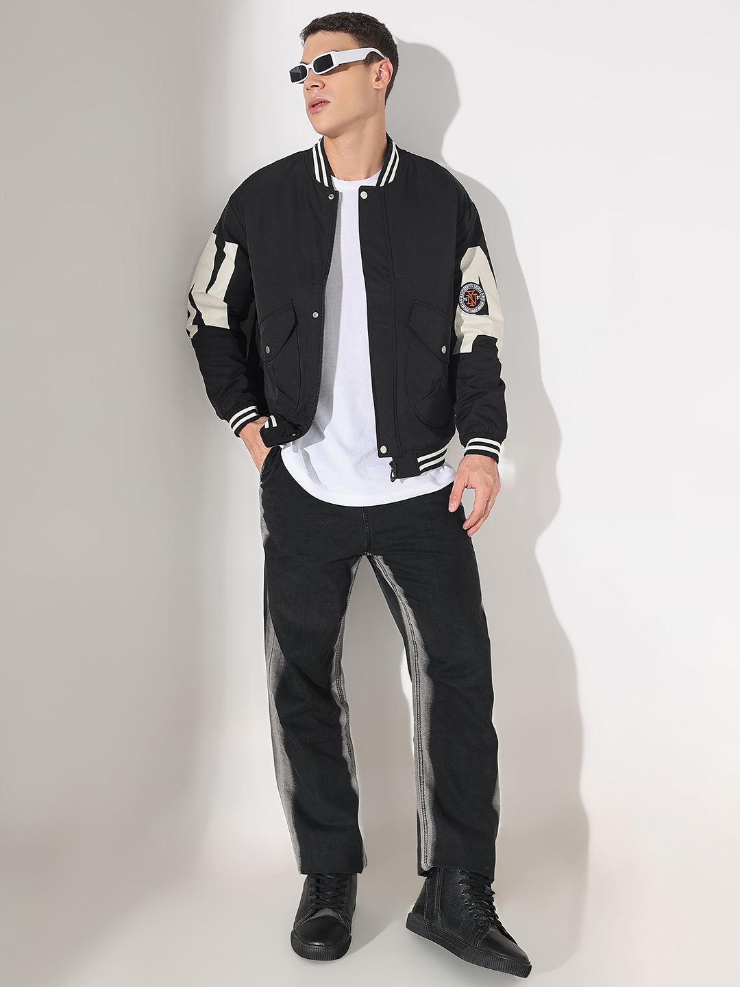 Men's Typography Black Mandarin Collar Varsity Jacket