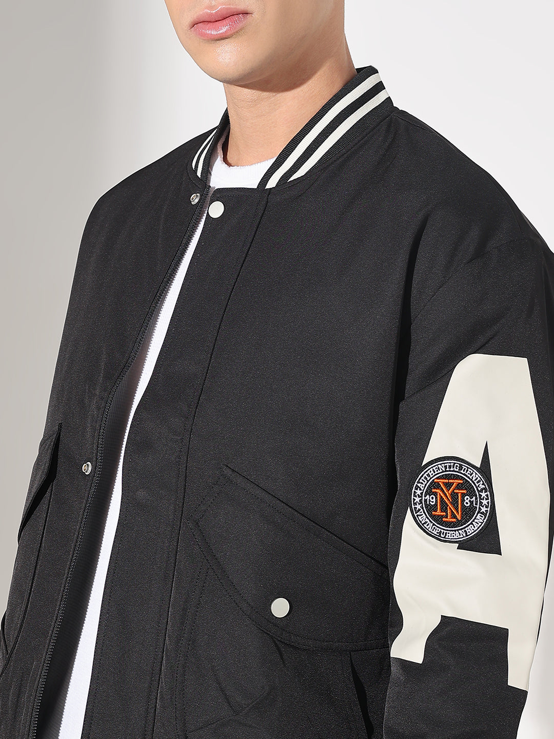 Men's Typography Black Mandarin Collar Varsity Jacket
