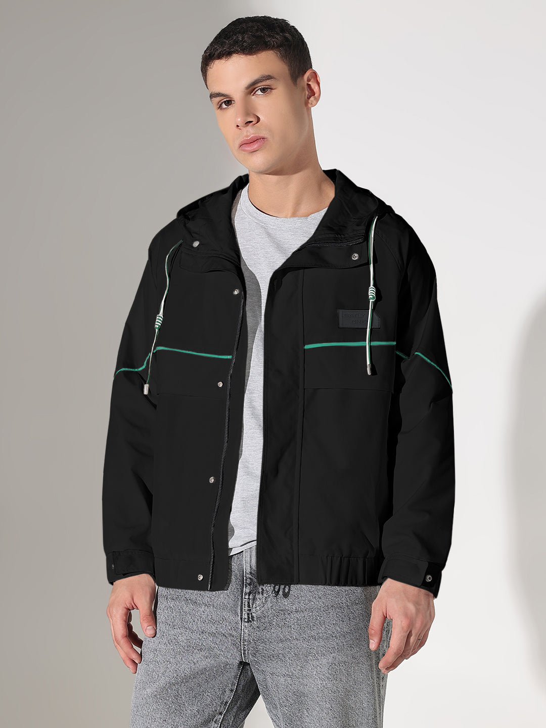 Men's Solid Black Hooded Biker Jacket with Contrast Details