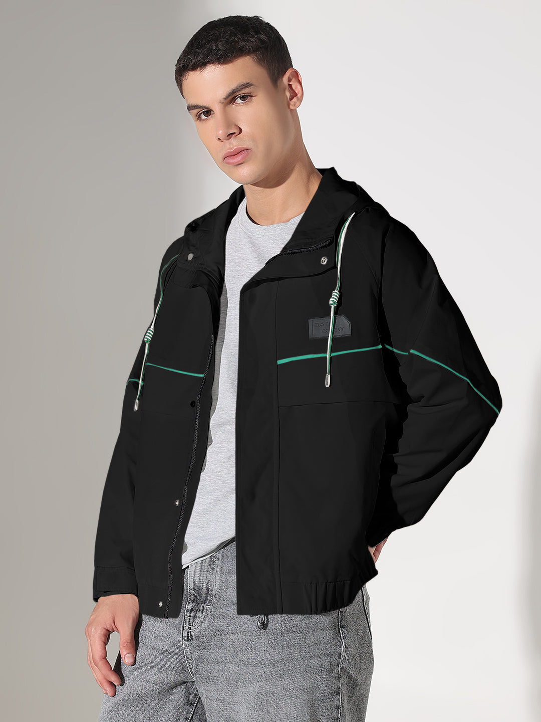 Men's Solid Black Hooded Biker Jacket with Contrast Details