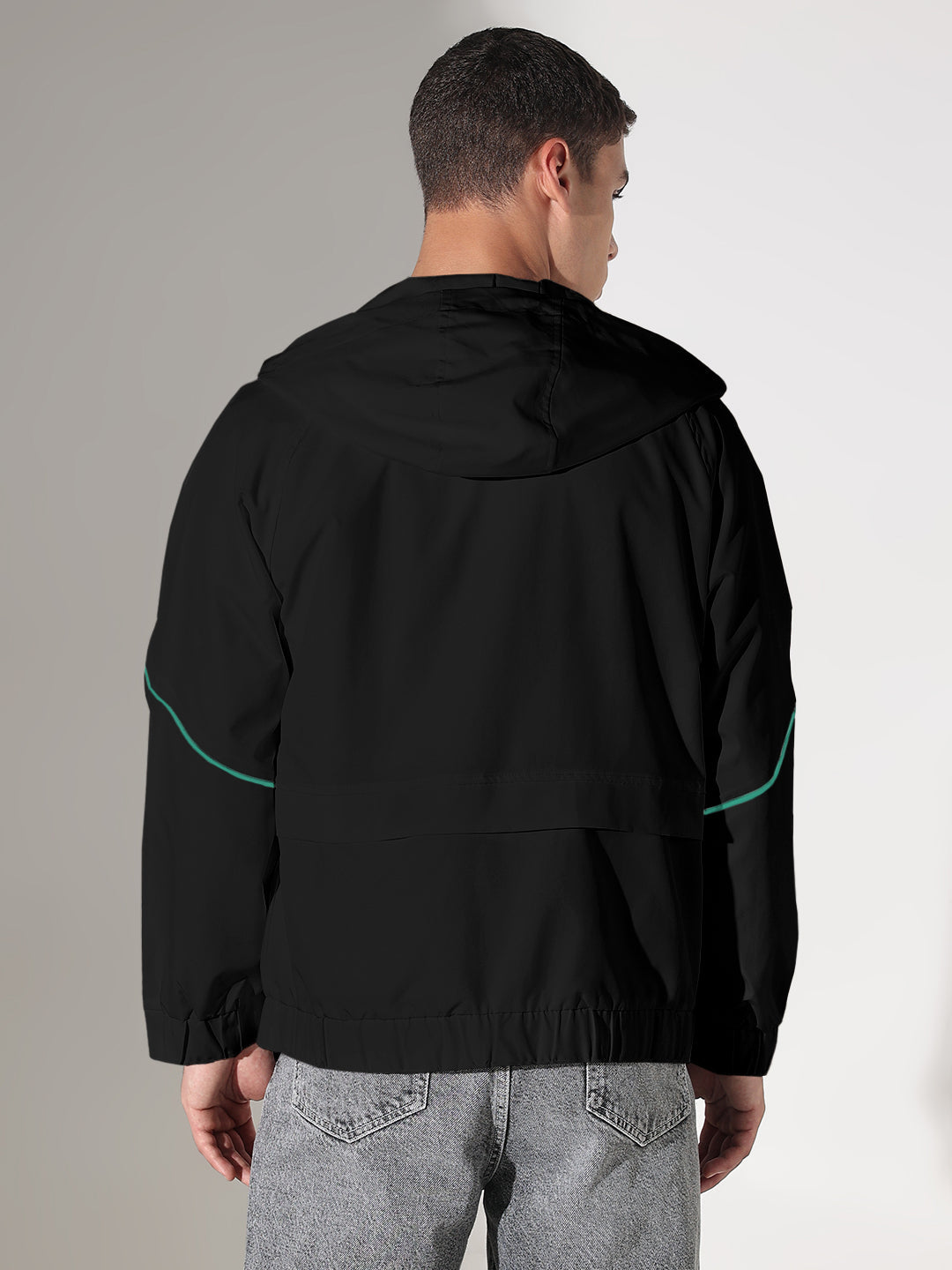 Men's Solid Black Hooded Biker Jacket with Contrast Details