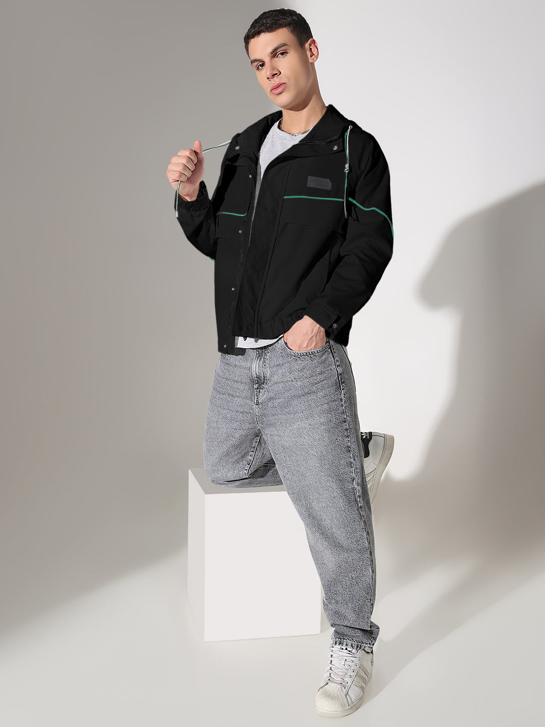 Men's Solid Black Hooded Biker Jacket with Contrast Details