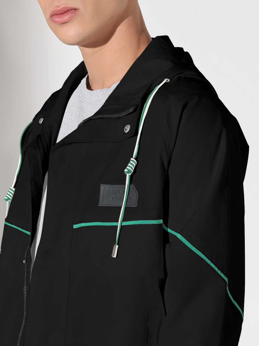 Men's Solid Black Hooded Biker Jacket with Contrast Details