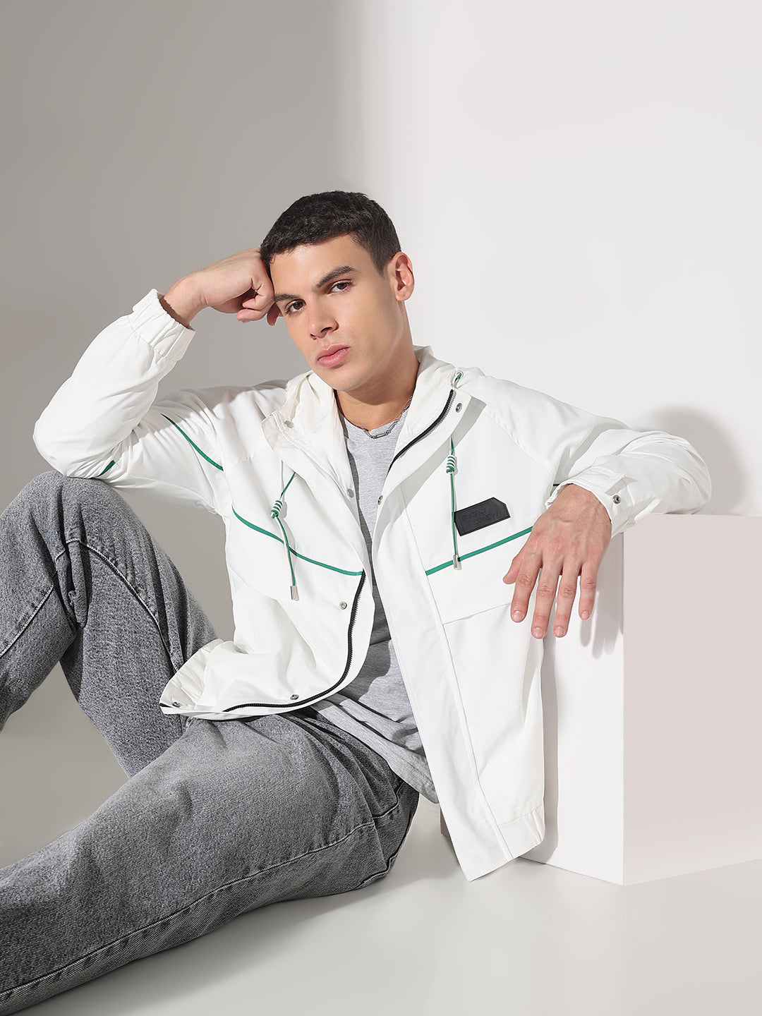 Men's Solid White Hooded Biker Jacket with Contrast Piping Detail