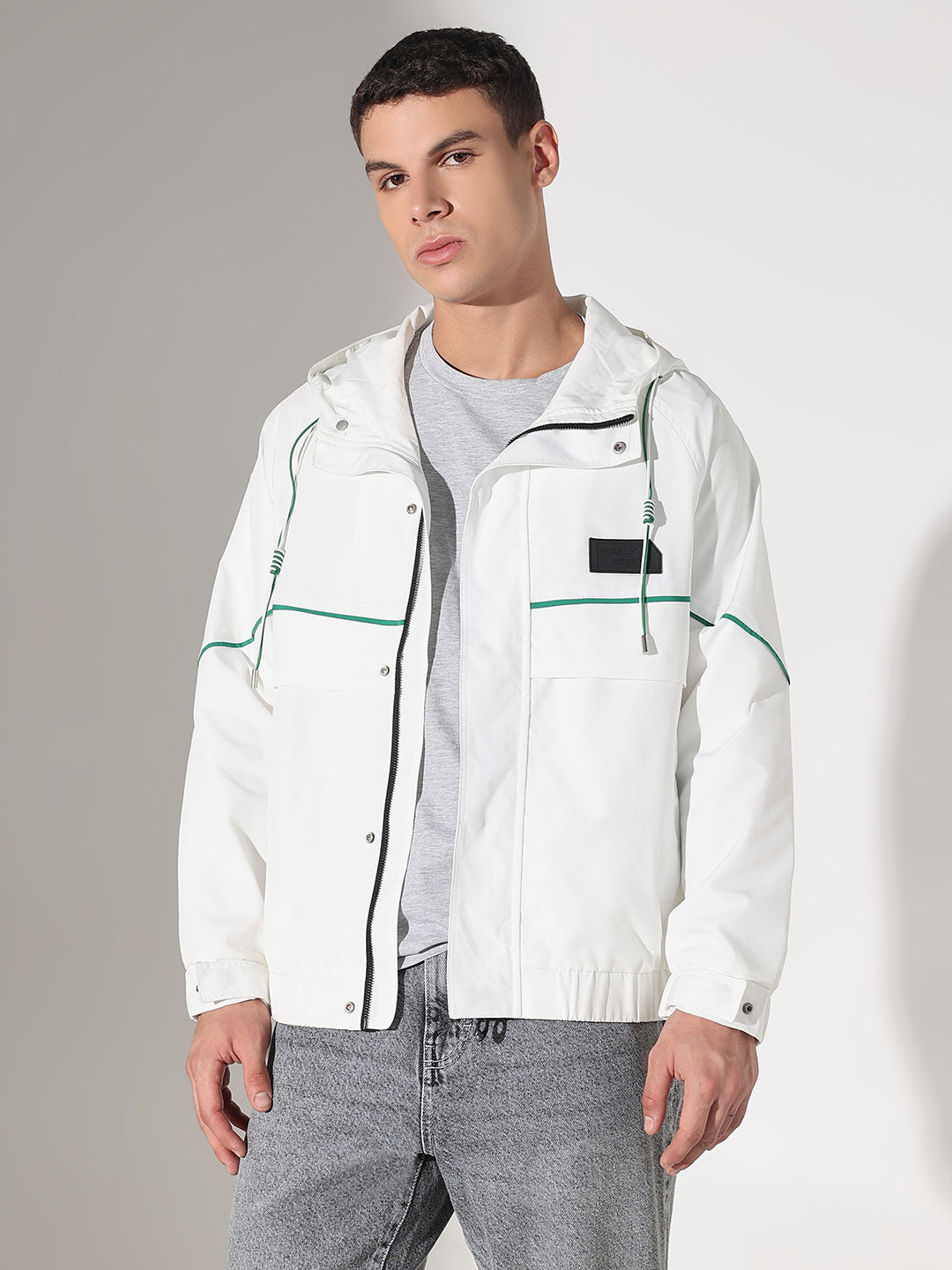 Men's Solid White Hooded Biker Jacket with Contrast Piping Detail