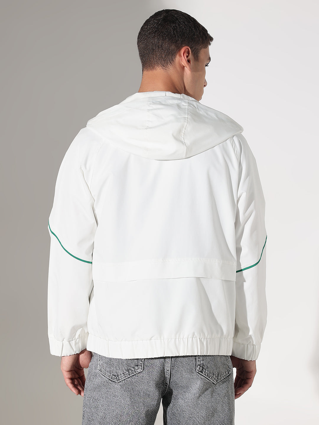 Men's Solid White Hooded Biker Jacket with Contrast Piping Detail