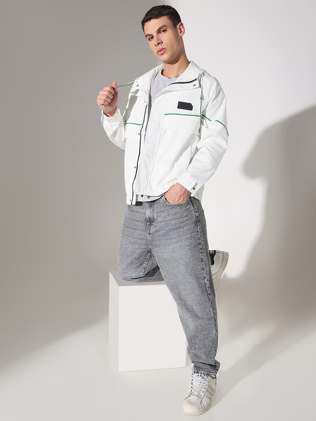 Men's Solid White Hooded Biker Jacket with Contrast Piping Detail