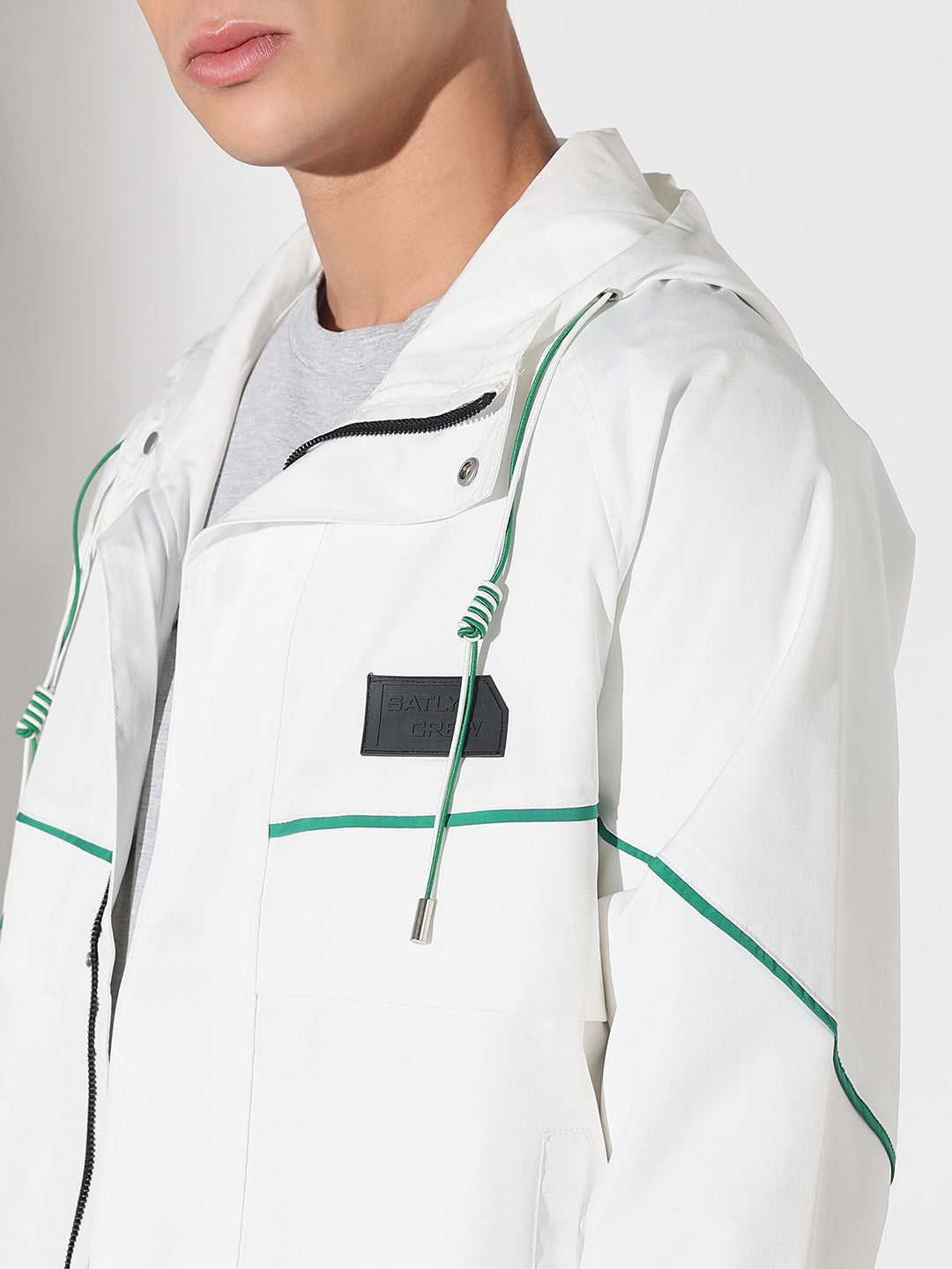 Men's Solid White Hooded Biker Jacket with Contrast Piping Detail