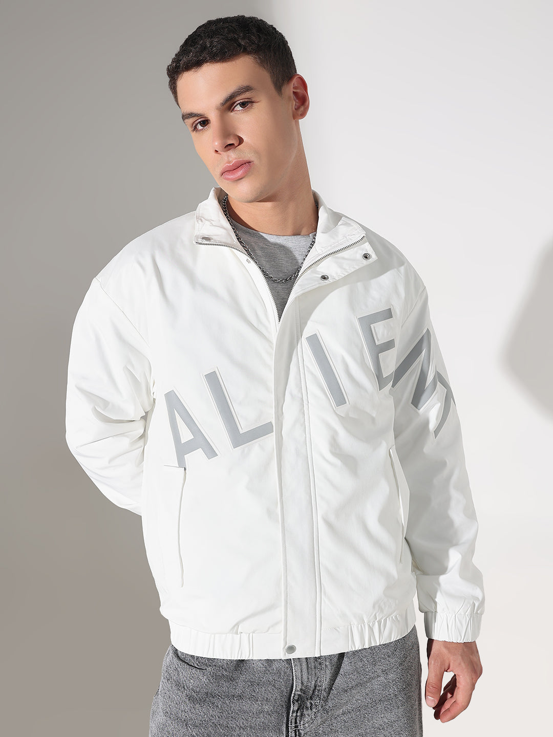 Men's Typography White Puffer Jacket