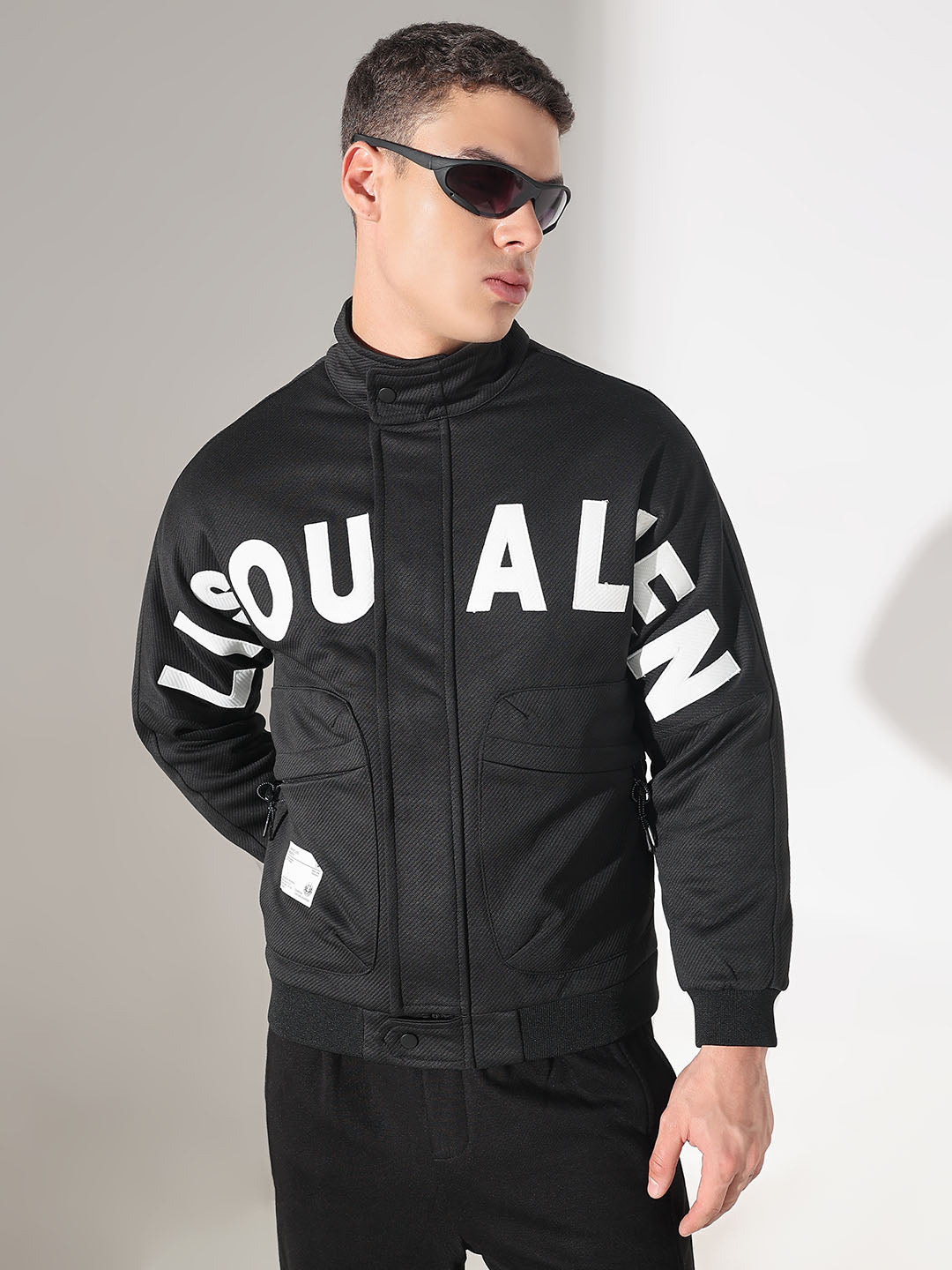 Men's Typography Black Tailored Jacket with Utility Pockets